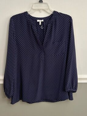 Joie Polka Dot Silk Blouse Navy Blue White V-Neck Long Sleeve Size Small